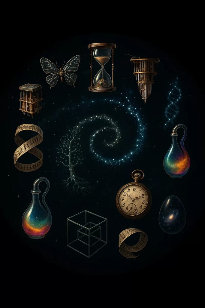 Uma composição espiral surreal com 12 objetos fantásticos que combinam ciência e imaginação