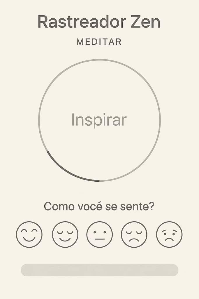 Uma interface minimalista de aplicativo de monitoramento de meditação zen com recursos de visualização da respiração e monitoramento do humor