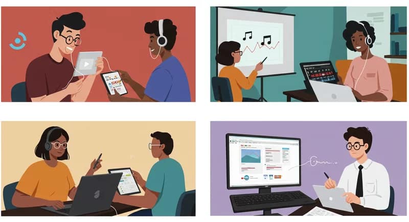 Colagem mostrando aplicações práticas de músicas geradas por IA: vídeos, apresentações, meditação e jingles para negócios, ilustrando a versatilidade da tecnologia.