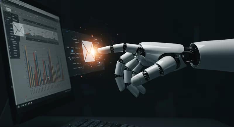 Mão robótica executando tarefas empresariais, como envio de e-mails e atualização de planilhas, mostrando automação com inteligência artificial.