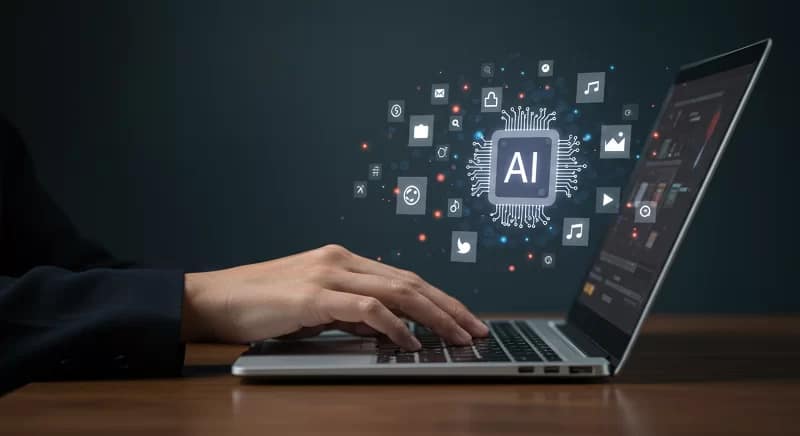 Usuário acessando plataforma de inteligência artificial gratuita para gerar texto, imagem, música e vídeo de forma simples e intuitiva.