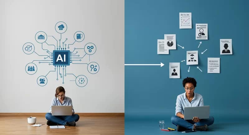 Ilustração de algoritmo de IA aprendendo com dados históricos e consequências de decisões enviesadas, como exclusão em vagas de emprego e crédito.