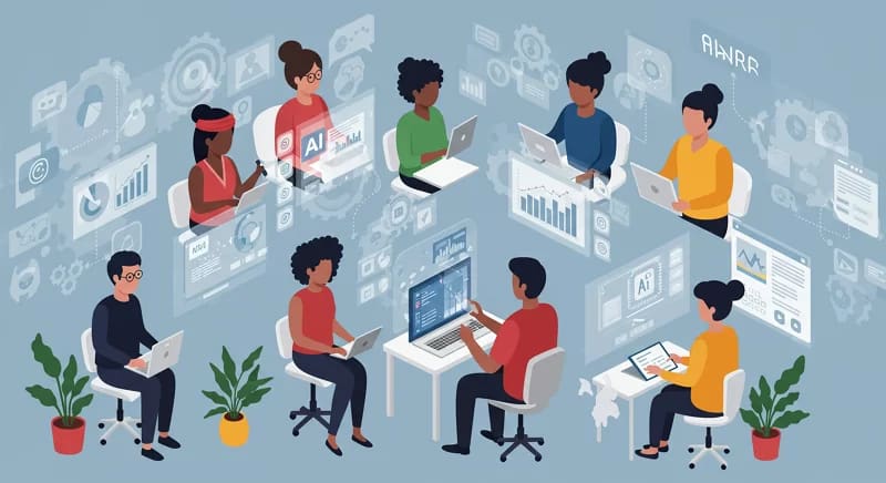 Grupo colaborando em comunidade online para aprendizado em IA.