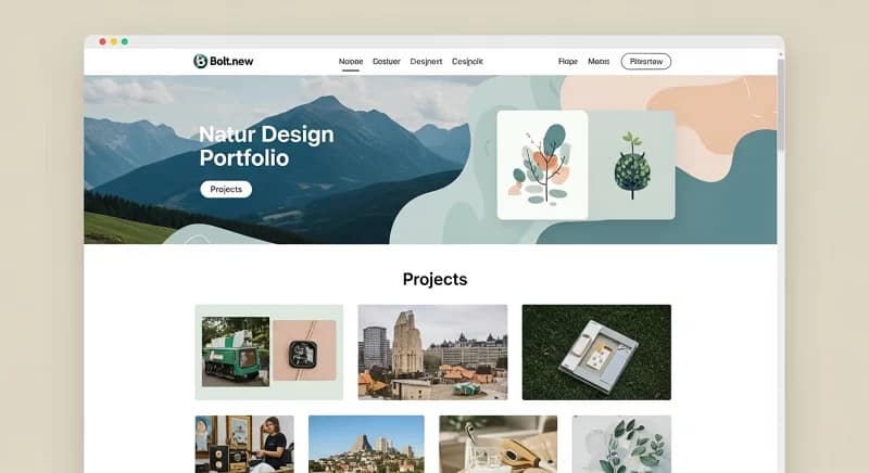 Designer criando portfólio vibrante com Bolt.new, incorporando temas ecológicos e elementos naturais.
