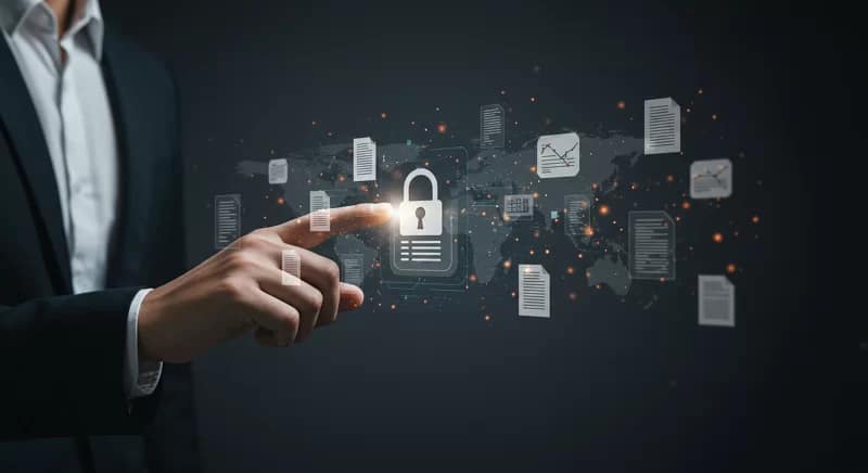 Assistente de IA acessando banco de dados digital, recuperando informações empresariais com precisão e agilidade.