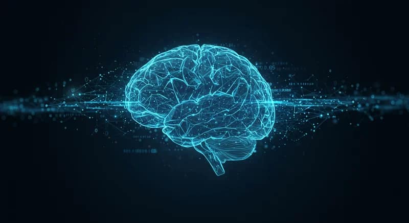 Cérebro digital simbolizando inteligência artificial raciocinando, analisando dados e planejando soluções para empresas.