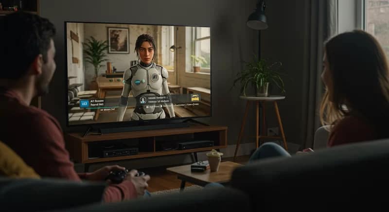 Amigos jogando videogame em casa, interagindo com personagens controlados por inteligência artificial que reagem de forma personalizada às escolhas dos jogadores.