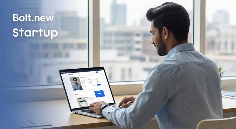 Empreendedor lançando site de startup com Bolt.new, destacando design elegante e engajamento do usuário.