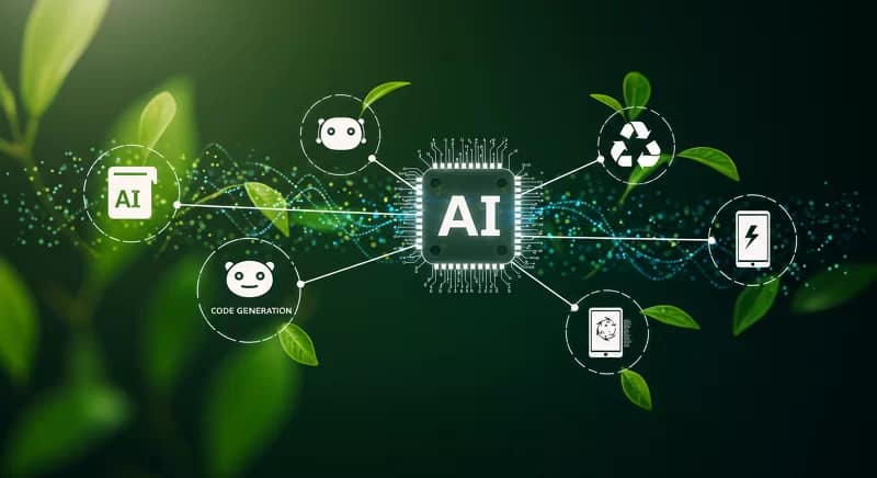 Ilustração dos modelos de IA da Mistral AI, incluindo chatbots, geração de código e dispositivos móveis, com destaque para eficiência energética e sustentabilidade.