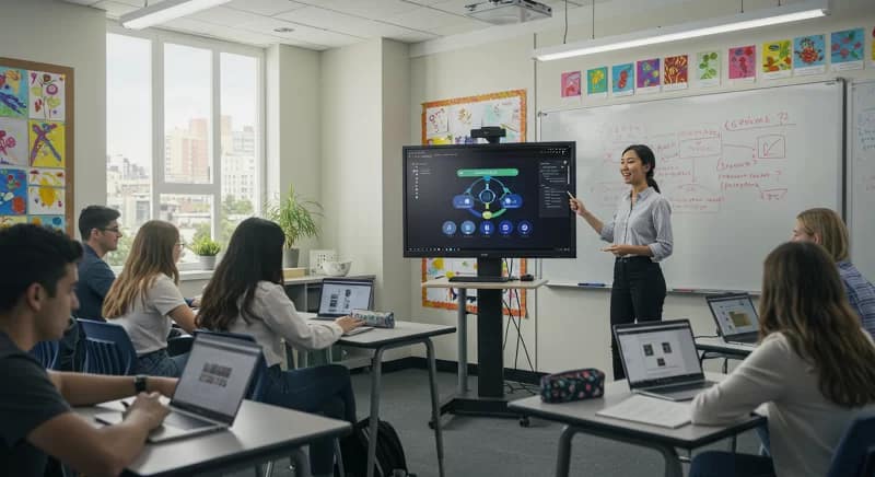 Professor usando a Perplexity IA em sala de aula para melhorar o planejamento de aulas e o engajamento dos alunos.