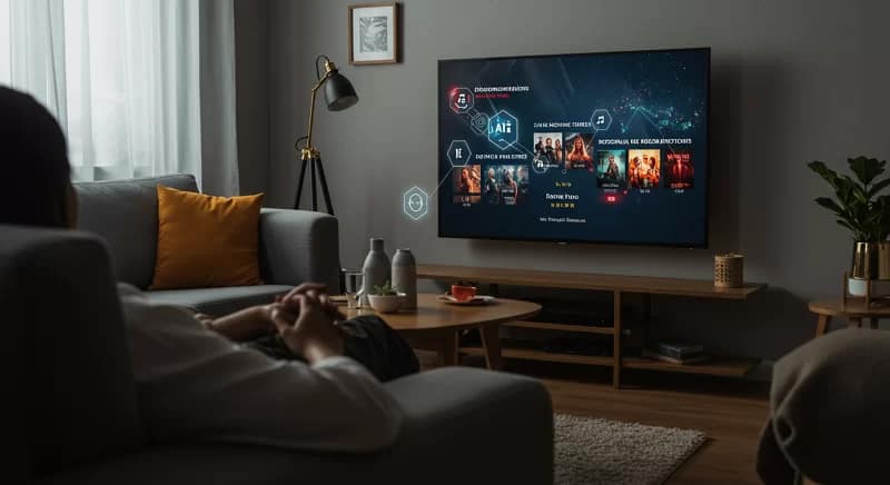 Pessoa recebendo recomendações personalizadas de filmes e músicas em plataforma de streaming inovador com inteligência artificial.