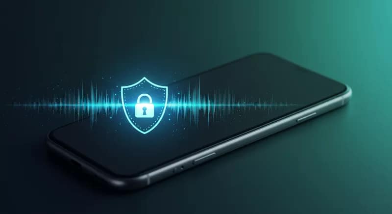 Smartphone exibindo interface do modo de voz do Claude AI com um ícone de escudo de segurança, representando a proteção de dados e privacidade nas interações por voz com a inteligência artificial da Anthropic.
