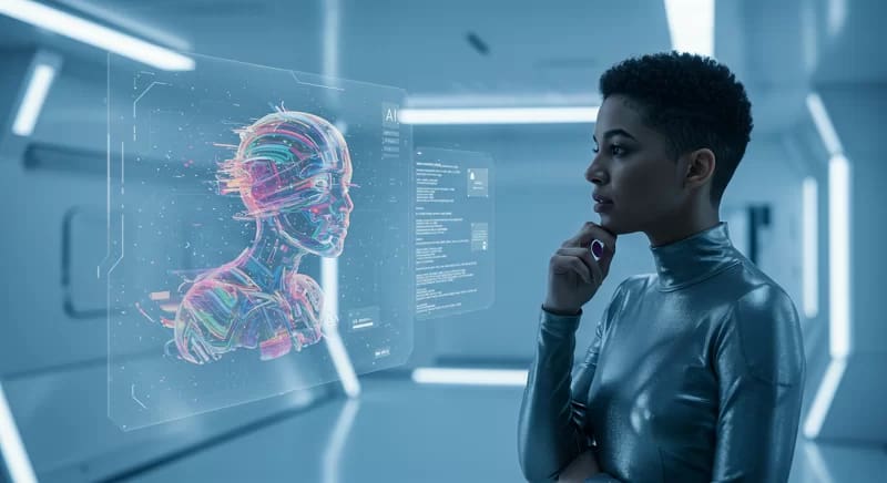 Cena futurista de interação com assistente de IA, mostrando técnicas avançadas de prompt engineering.