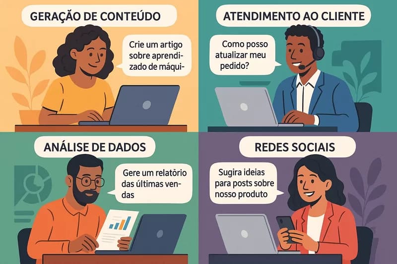 Ilustração mostrando aplicações práticas de prompts de IA em diferentes áreas: criação de conteúdo, atendimento ao cliente, análise de dados e redes sociais.