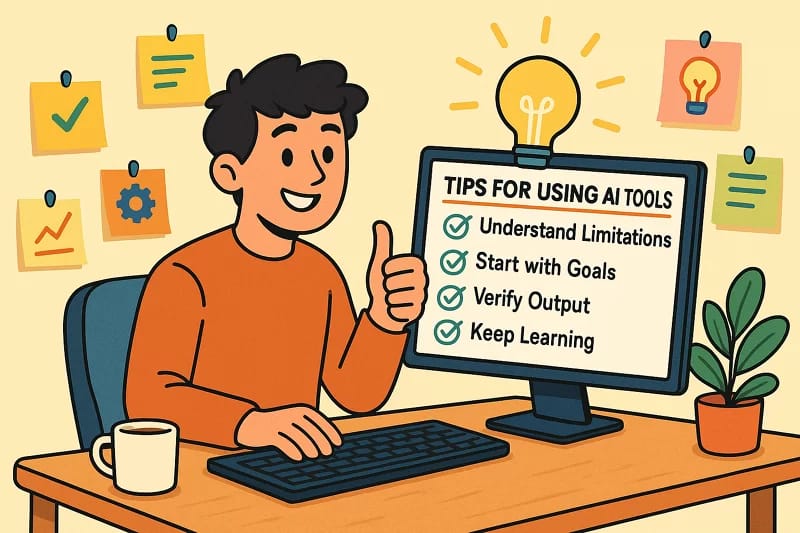 Pessoa consultando dicas práticas para usar ferramentas gratuitas de inteligência artificial, com anotações, checklist e ambiente inspirador.