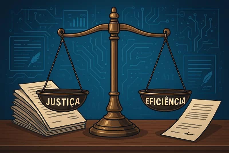 Balança simbólica equilibrando eficiência e justiça, com elementos digitais e documentos legais, ilustrando o debate ético e regulatório sobre IA.