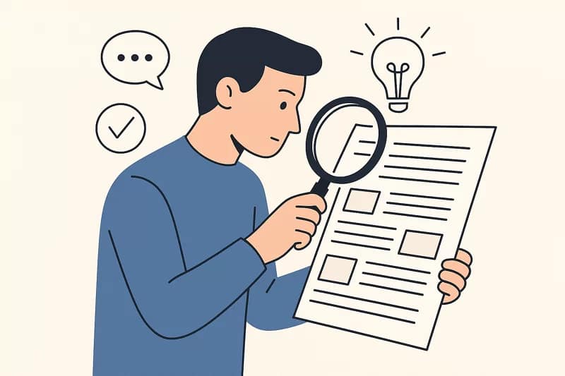 Pessoa usando lupa em documento, simbolizando teste de prompts no ChatGPT com exemplos variados.