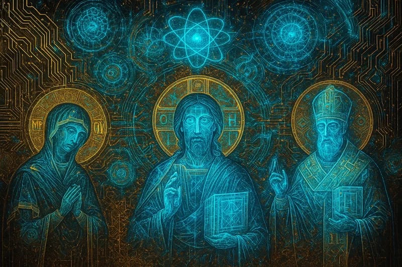 Um mural de fusão que combina iconografia bizantina com estética cyberpunk e visualizações quânticas