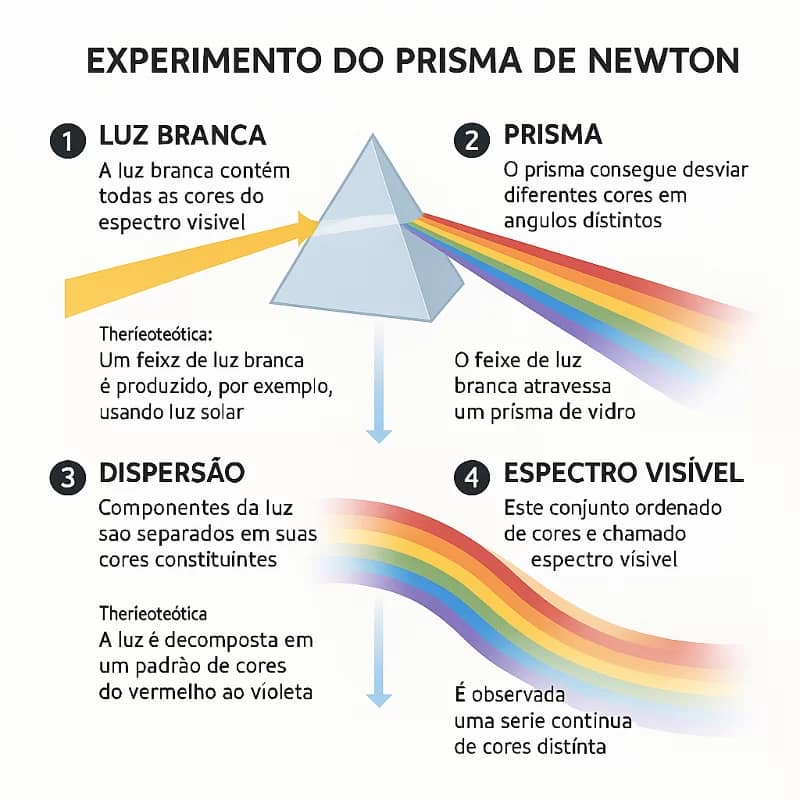 Um infográfico ilustrando o experimento do prisma de Newton com anotações detalhadas passo a passo e explicações teóricas